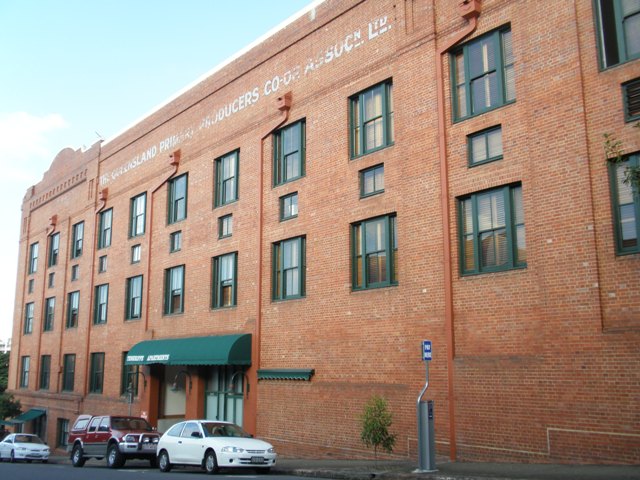 Heritage woolstore warehouse buildings along Vernon Terrace in Teneriffe, Brisbane