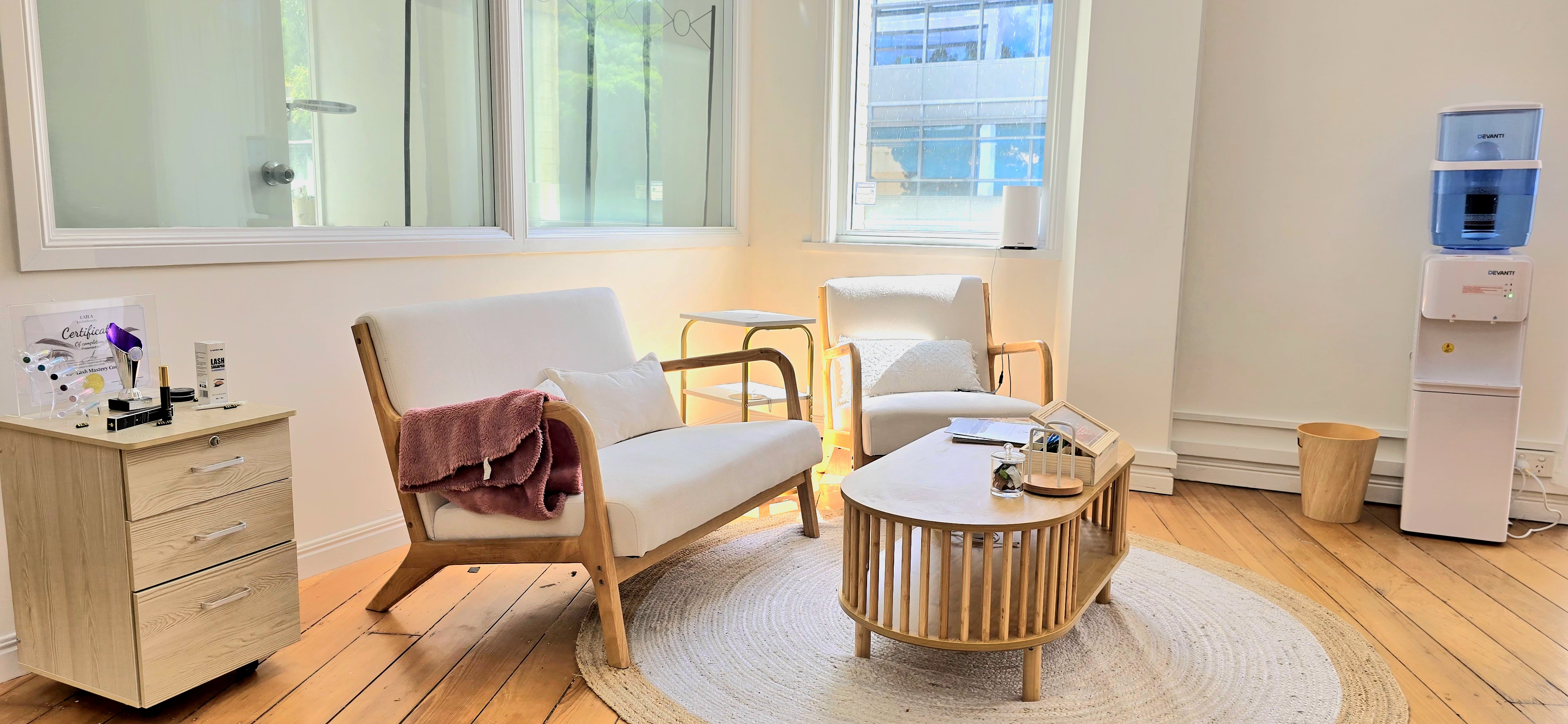 Cream consultation lounge at the Evarin Lash & Beauty studio, Level 1, 80A Wickham Street, Fortitude Valley Brisbane